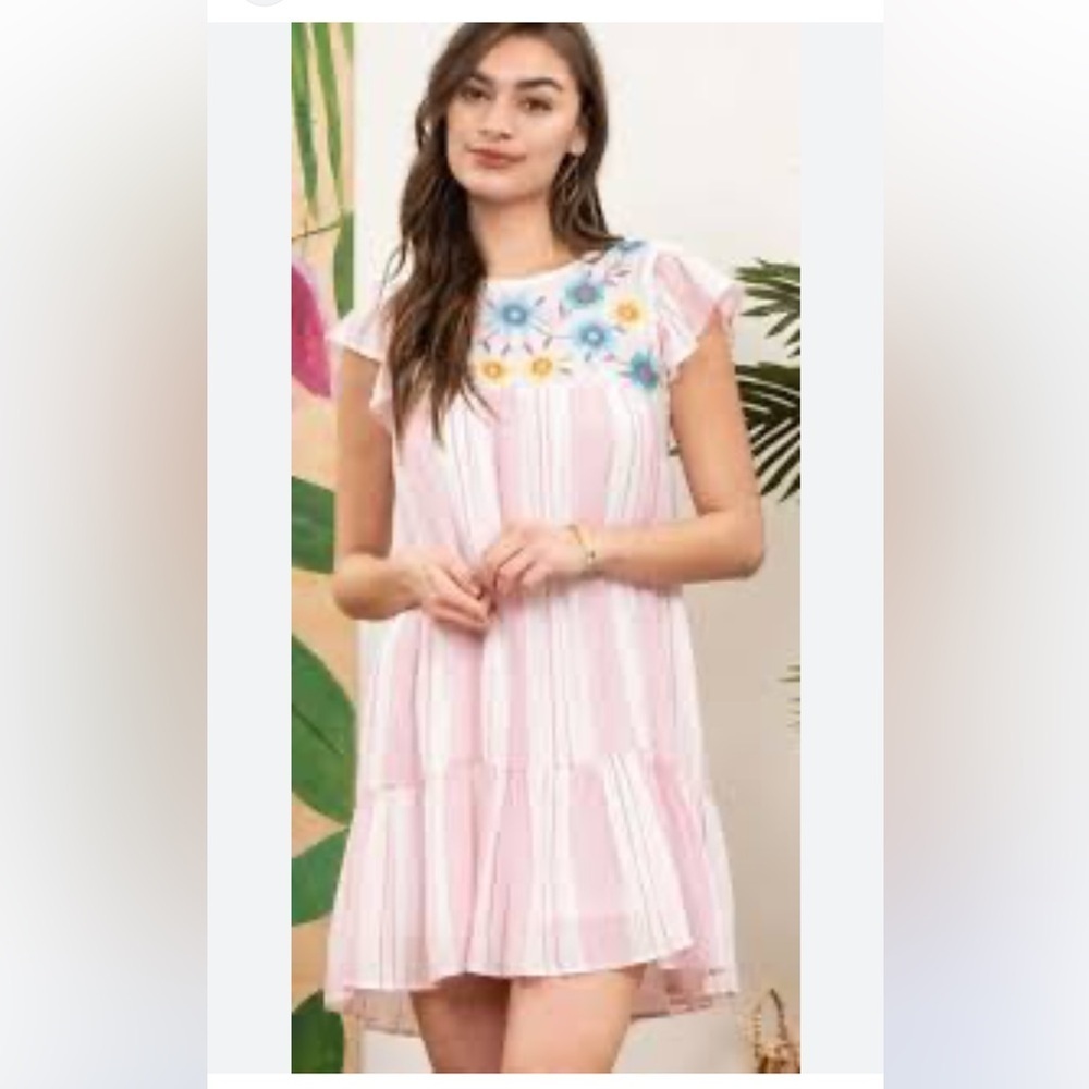 Pink Flutter Sleeve Sundress with Blue Embroidery blue pepper